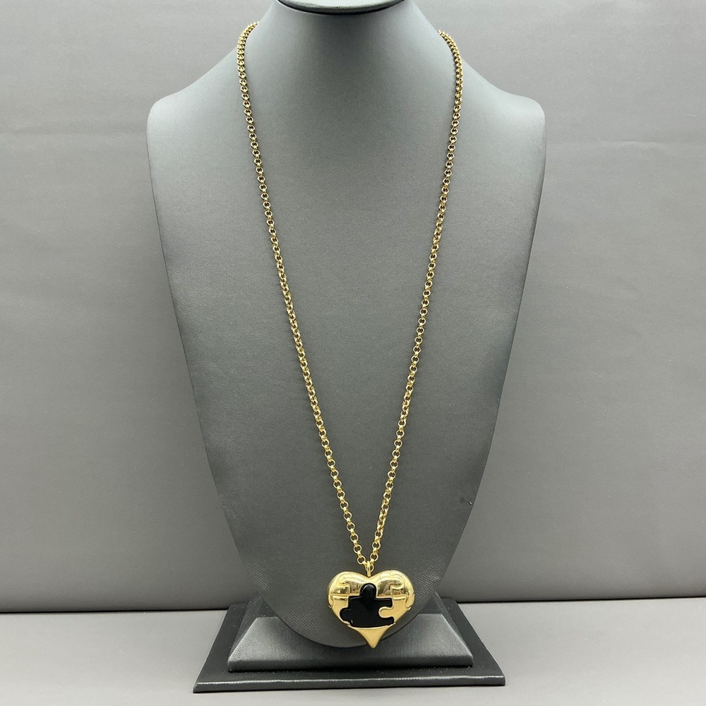 KJL Necklace Vintage Kenneth Jay Lane Black Enamel Heart Pendant Gold Tone 26"